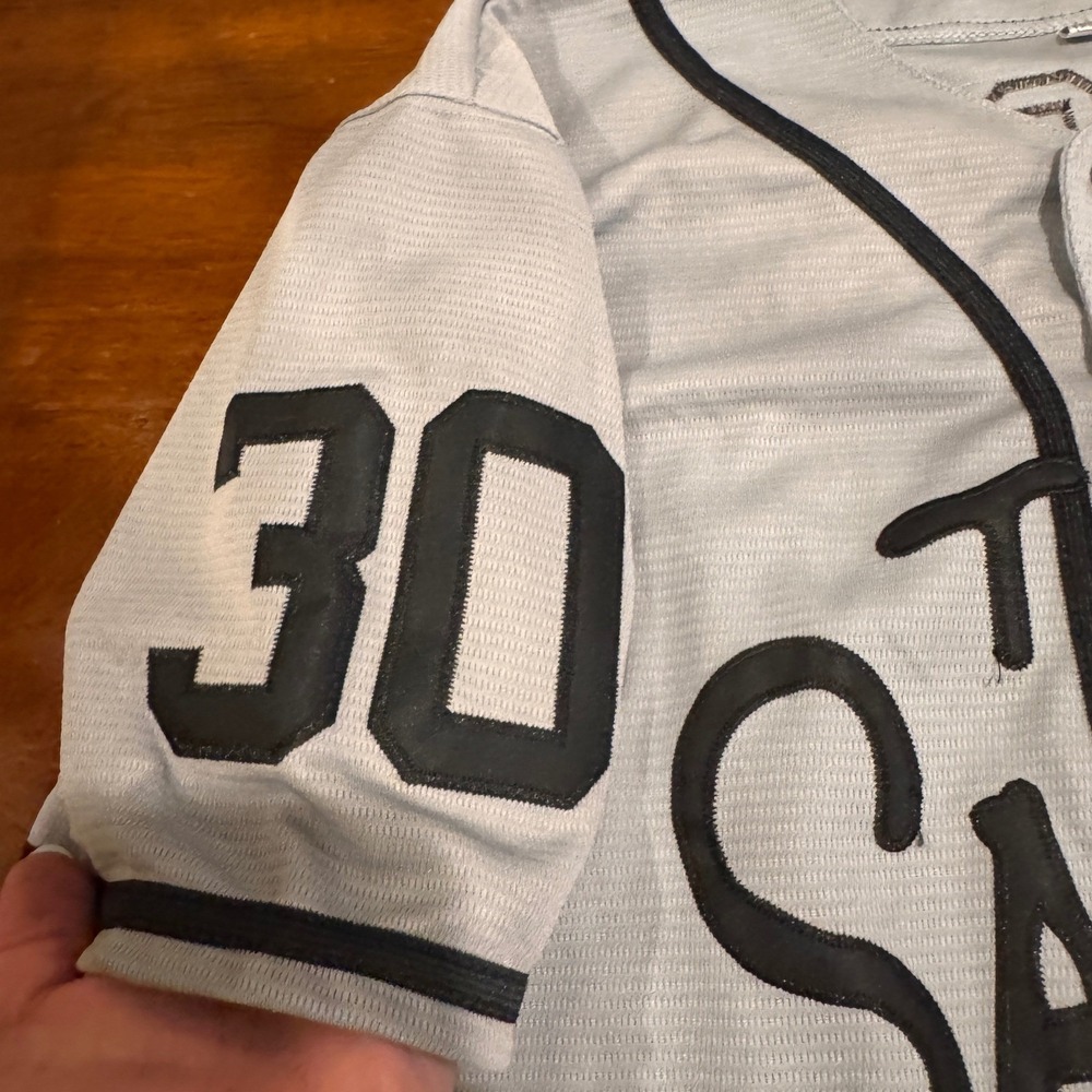 The Sandlot Benny the Jet Rodriguez 30 Baseball Jersey Grey Blck Button Up Small - Picture 3 of 8